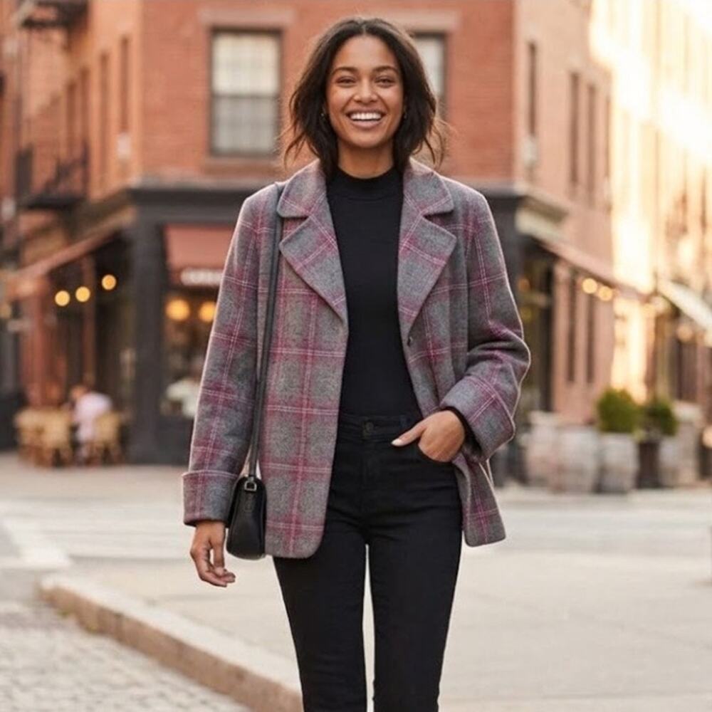 Talbots Gray Plaid Wool Blazer Jacket Purple Womens 16 Oversized Dark Academia